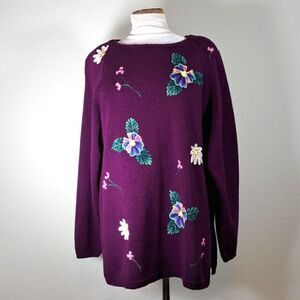 Cristina Vintage Women’s Sweater Knit Jumper Eggplant Floral Hand Painted Size M